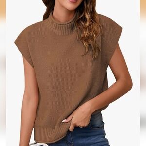 light almond Brown Sleeveless Mock Neck Sweater Vest Top casual office sz S